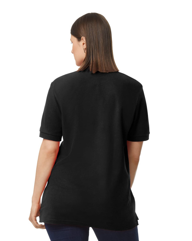 A back view of a black Gildan Hammer adult double pique polo shirt, featuring short sleeves and a relaxed fit.