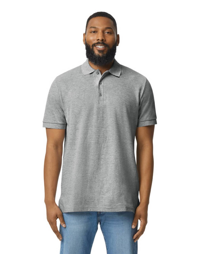 A grey adult polo shirt with a three-button placket and a collar, featuring a branding logo.