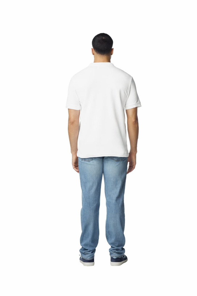 A white Gildan Hammer adult double pique polo shirt viewed from the back, worn with blue jeans.