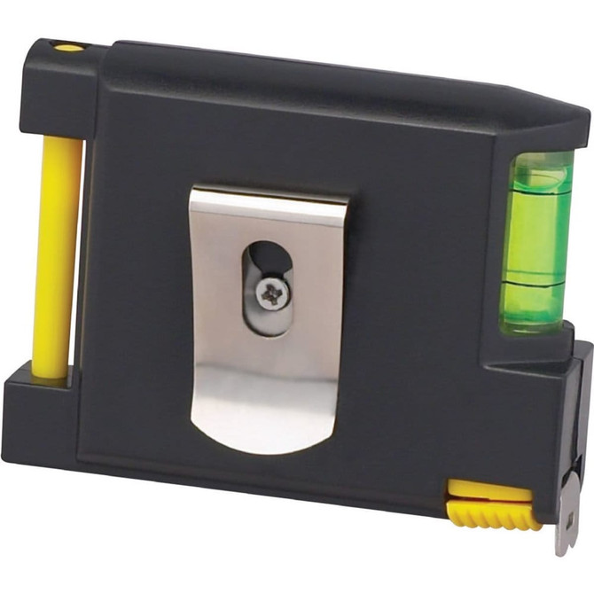 A black and yellow combo tape measure with a built-in level and a metal clip.