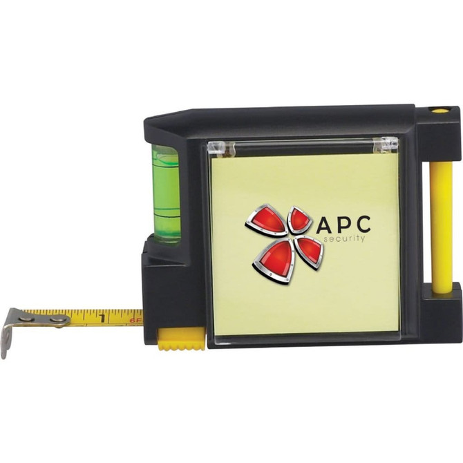 A black and yellow combo tape measure with a built-in level and a logo on the front.