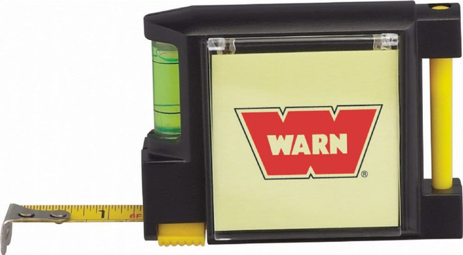 A black and yellow tape measure and level combination tool with a logo on the side.