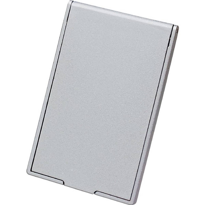 A silver stand-up pocket mirror with a sleek, rectangular design. It features a reflective surface and has a logo.