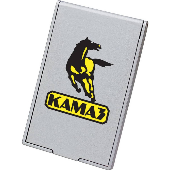 A silver stand-up pocket mirror features a black and yellow horse logo. The design is sleek and compact.