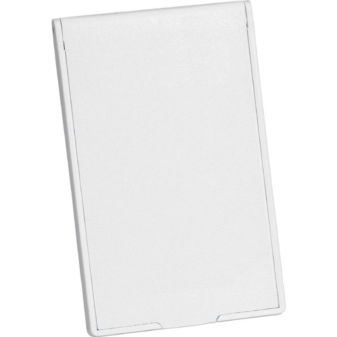A white stand-up pocket mirror with a sleek design, featuring a simple and clean aesthetic.