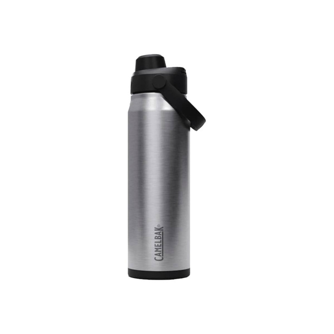 A drink bottle in stainless steel with a black cap and a logo, designed for easy chugging.