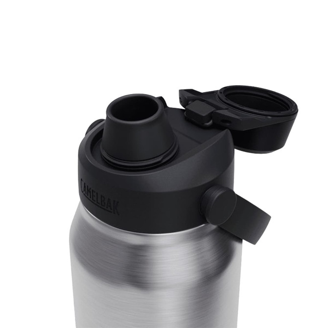 A drink bottle featuring a stainless steel body and a black cap with a spout. It includes a logo.