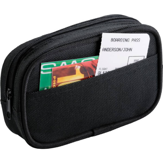 A black travel kit featuring a zippered compartment and a front pocket for cards and boarding passes.