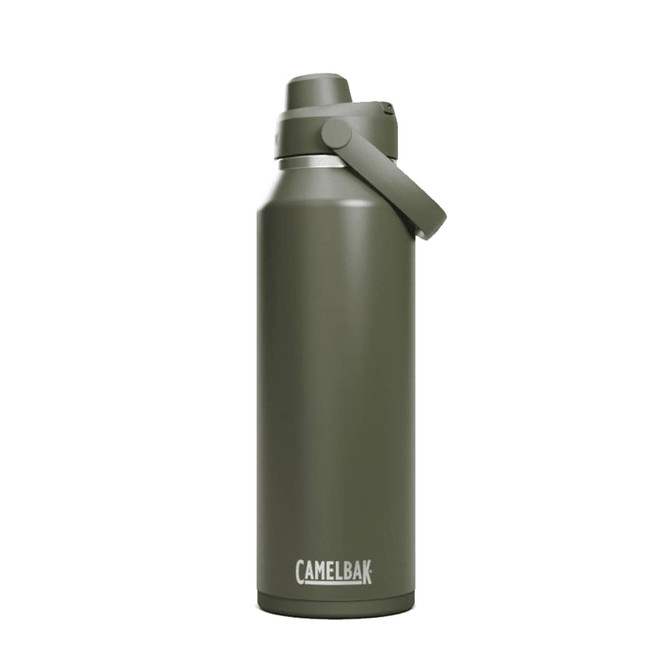 A drink bottle featuring a matte olive green finish and a secure lid with a handle. It has a logo on the front.