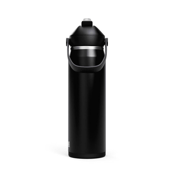 A drink bottle in black with a sturdy handle and a flip straw, featuring a silver band around the top.