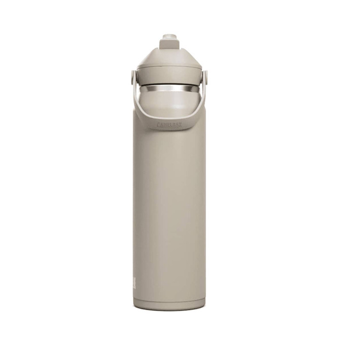 A drink bottle in a muted beige colour with a Flip Straw and a handle, featuring a logo.