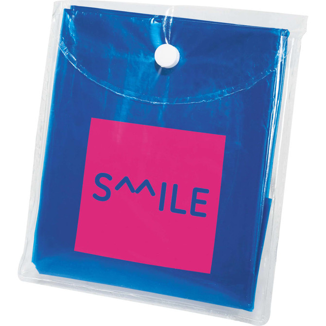 A blue disposable poncho packaged in a clear plastic pouch with a snap closure. Features a logo on the front.