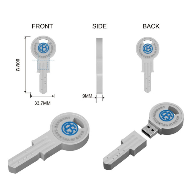 A white, key-shaped USB flash drive with a logo, viewed from the front, side, and back.