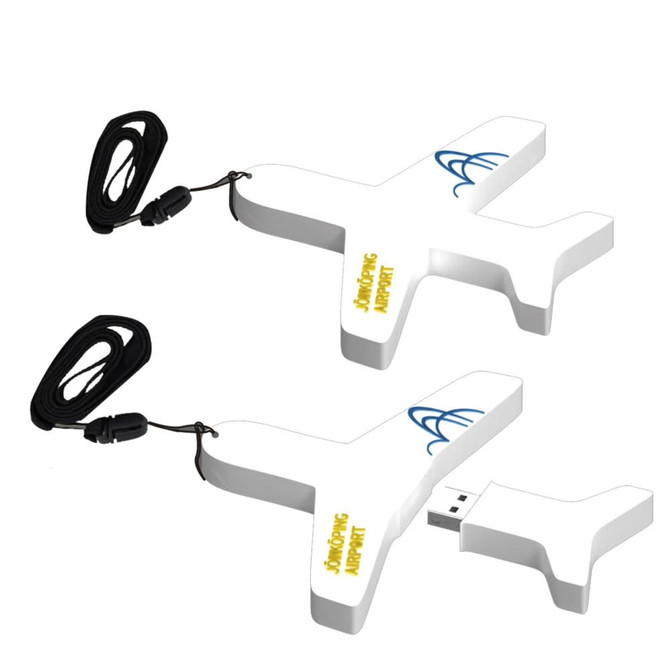 A white and blue airplane-shaped USB flash drive with a lanyard attachment, featuring a logo.
