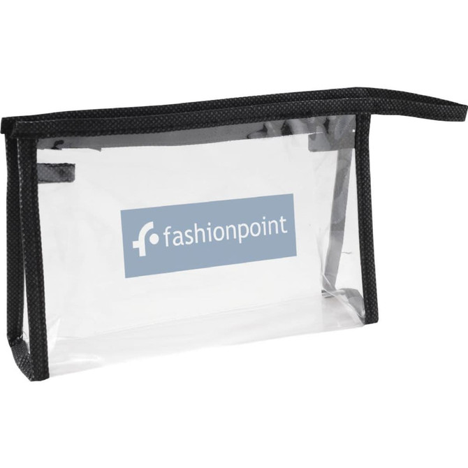 A transparent toiletry bag with a black trim and a logo. Ideal for storing travel essentials.