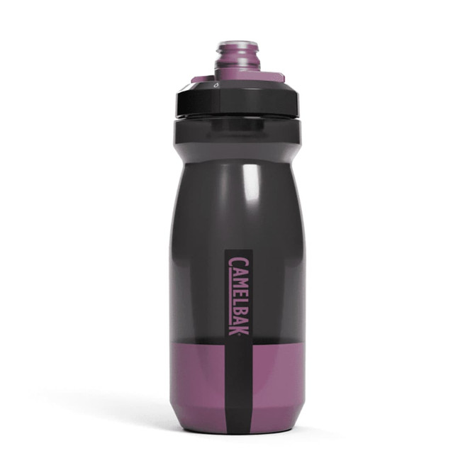 A drink bottle featuring a dark grey body with a purple base and a black lid, including a logo.