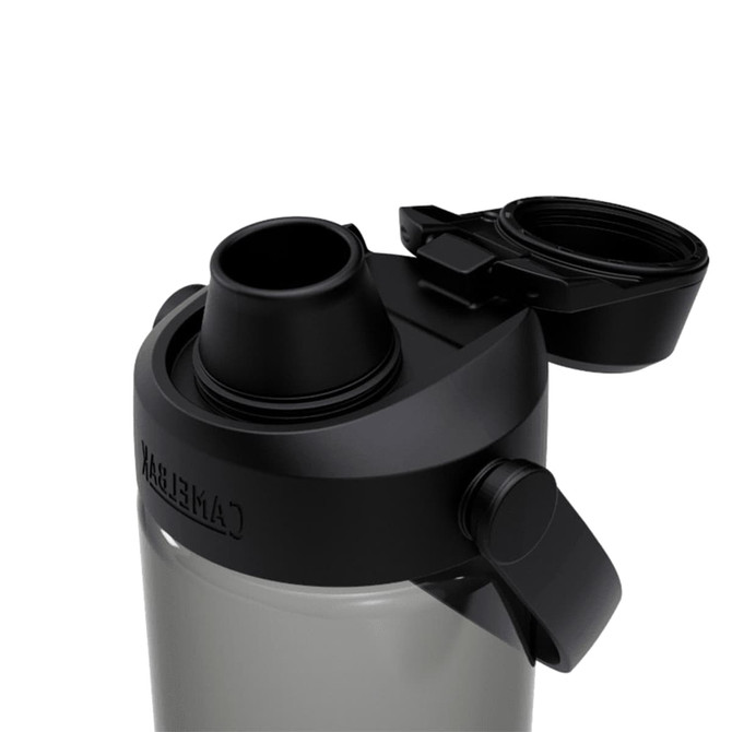 A drink bottle featuring a grey body and a black lid with a drinking spout and a flip-top cap.
