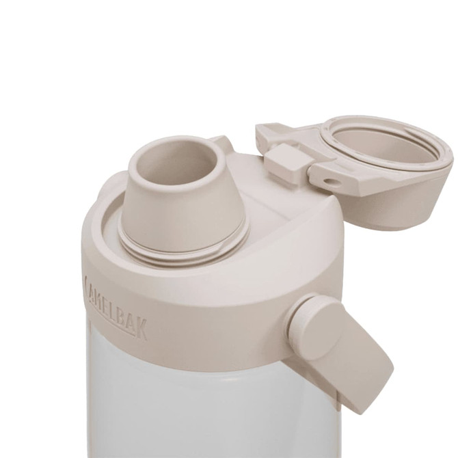 A drink bottle with a beige lid and a clear body, featuring a spout and a removable cap. It has a logo.