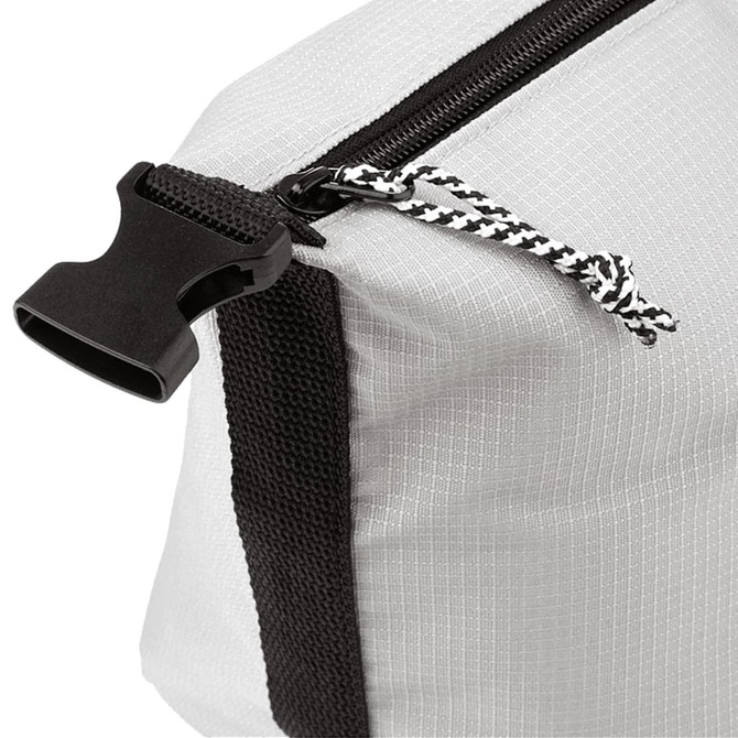 A white and black cooler bag features a zippered opening and a textured fabric. It includes a black clip and rope detail.