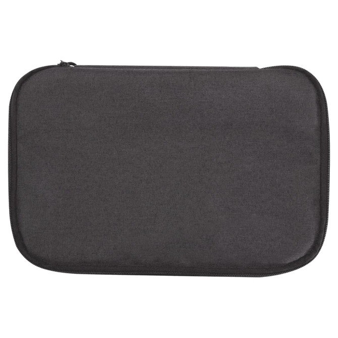 A dark grey cooler bag with a double compartment design and a zipper closure, featuring a logo.