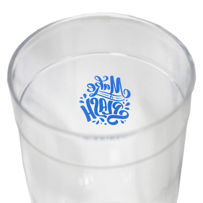 A clear Tritan carry cup with a stylised logo at the bottom, featuring blue lettering.
