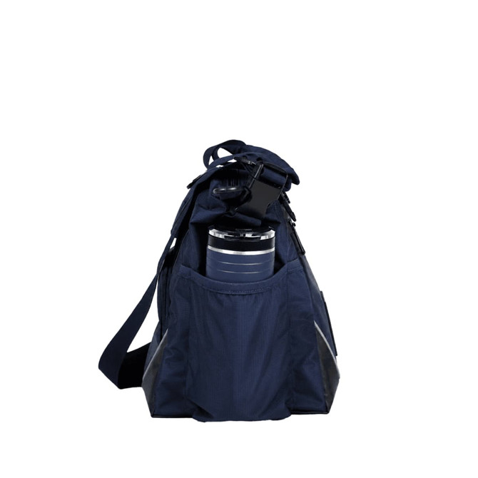 A navy bag with a large drink bottle visible in the front pocket. The bag features a logo and includes an adjustable strap.