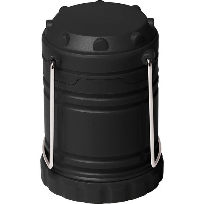 A black Mini COB Pop Up Lantern with a handle and a sturdy design, suitable for outdoor leisure activities.