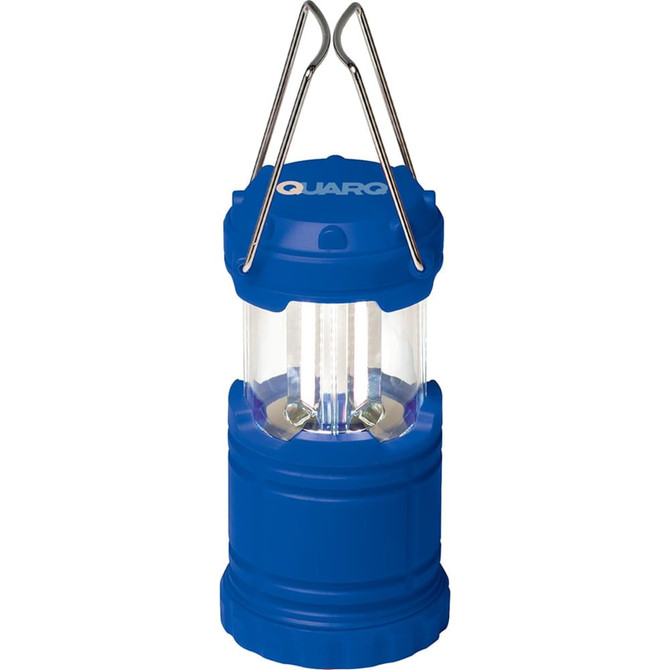 A blue Mini COB pop-up lantern with a clear body and a metal hanging handle.