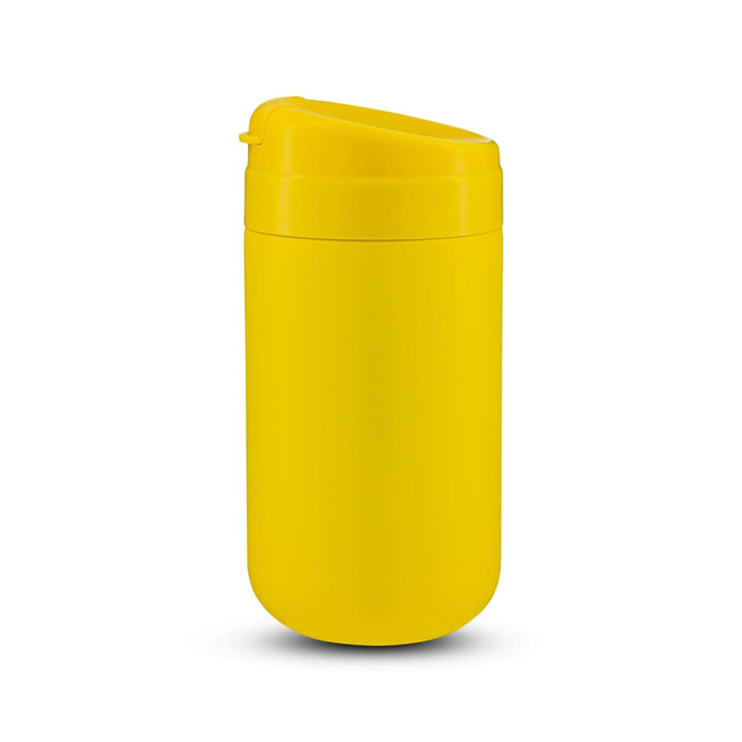 A yellow coffee cup with a rounded lid and a sleek design. It features a logo.