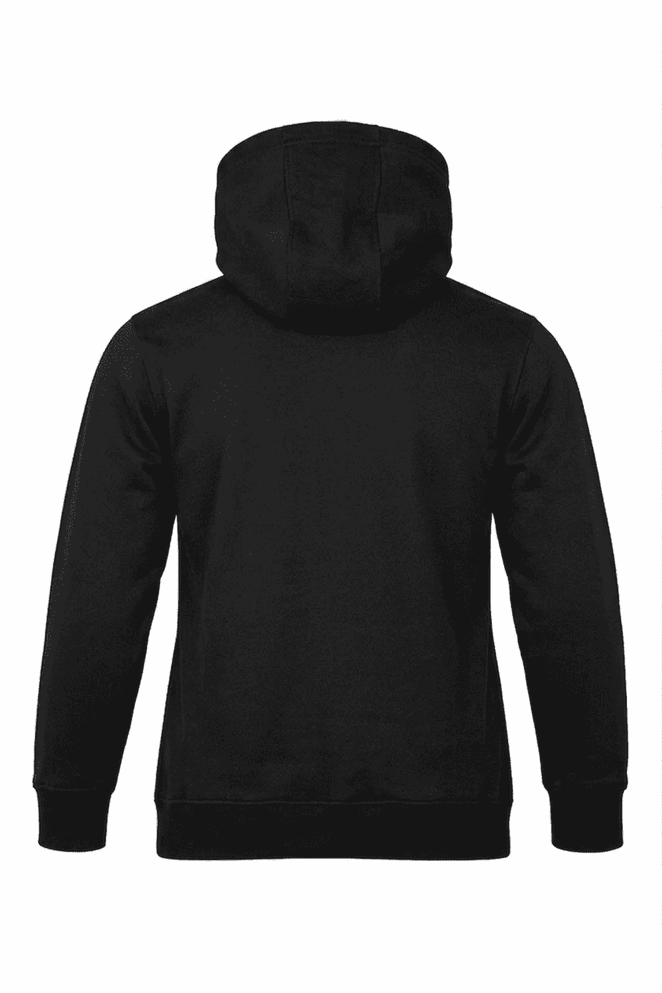 A black men's hoodie featuring a kangaroo pocket and an adjustable hood, with visible branding on the back.