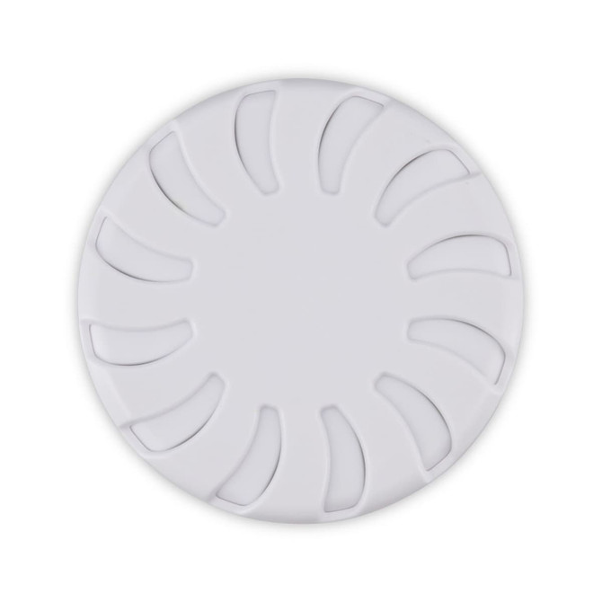 A white Bloom Fragrance Pot with a circular design and cut-out shapes for fragrance dispersion. It has a simple, modern style.