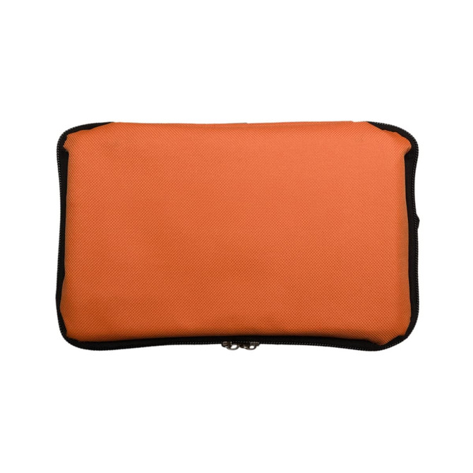 An orange pouch with a black zipper, featuring a textured surface, suitable for outdoor use.