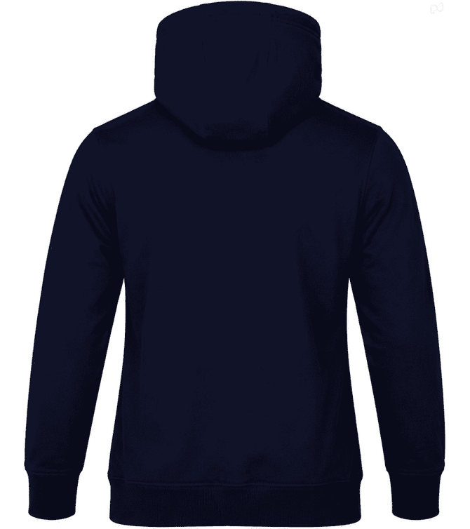A navy blue hoodie with a kangaroo pocket and a drawstring hood, featuring a logo on the back.