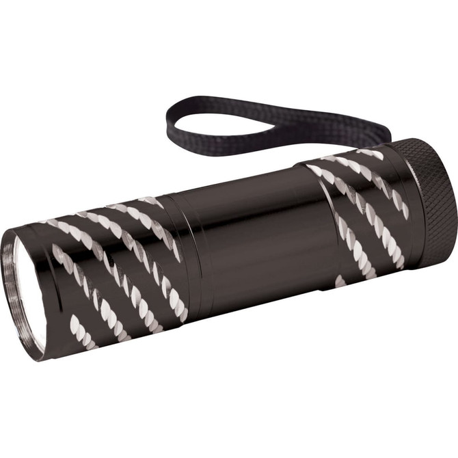 A black flashlight with a textured design and a wrist strap, featuring a compact, cylindrical shape.
