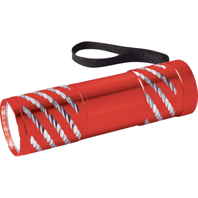 A red flashlight with a textured pattern and a black wrist strap, featuring a silver logo on the side.
