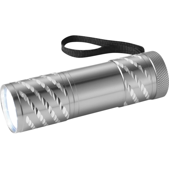A silver Astro Flashlight with a textured grip and a black wrist strap, designed as a portable torch.