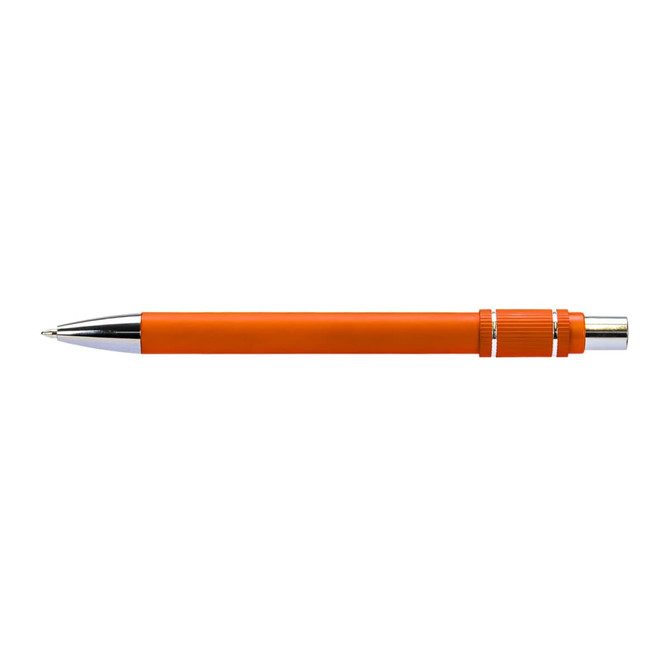 An orange metal pen with a silver tip and accents, featuring a logo.
