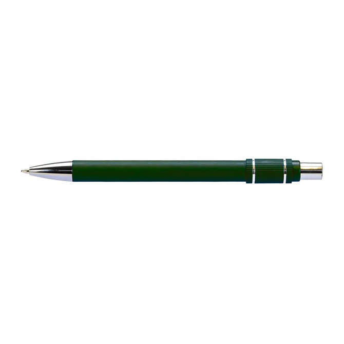 A green metal pen with chrome accents, featuring a sleek design and a branding logo.