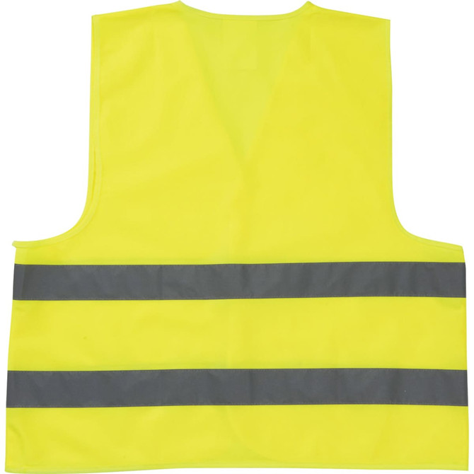A bright yellow safety vest featuring reflective grey stripes and a simple design. It includes a logo on the front.