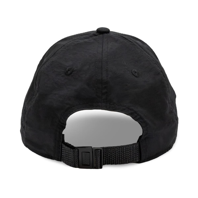 A black sports cap featuring a structured back, adjustable strap, and a logo.