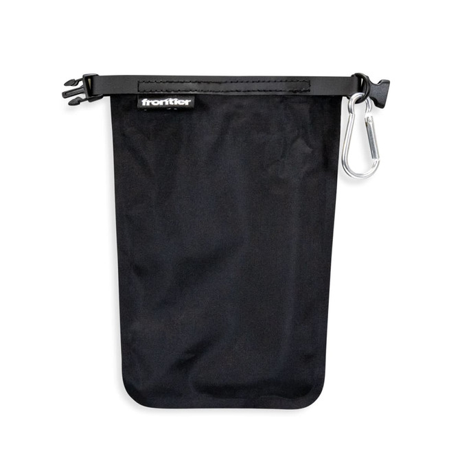 A black waterproof pouch with a clip and a drawstring closure, featuring a logo at the top.