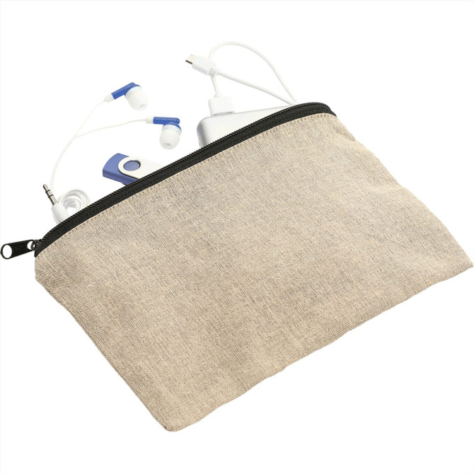 A beige recycled cotton twill pouch containing white earphones and a charger cable, with a black zip closure.