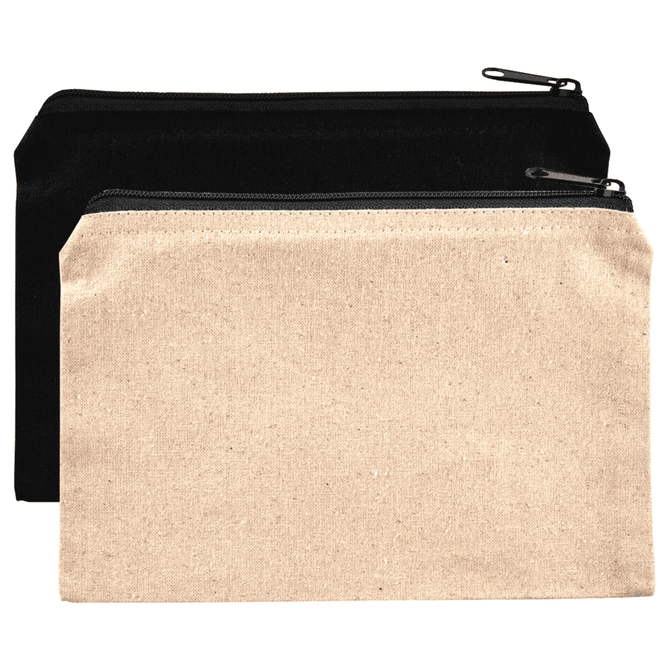 Two cotton travel pouches, one in black and the other in natural, featuring zip closures and a simple design.