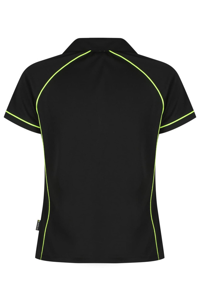 A black polo shirt with lime green piping, featuring a collar and short sleeves. It includes a logo.