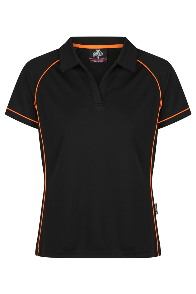 A black polo shirt featuring orange piping and a logo. It has a classic collar and short sleeves.