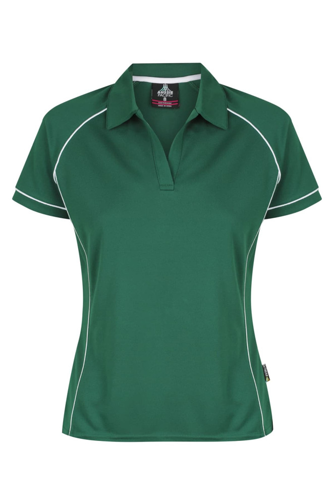 A green polo shirt with white piping and a collar, designed for women, featuring a logo on the chest.