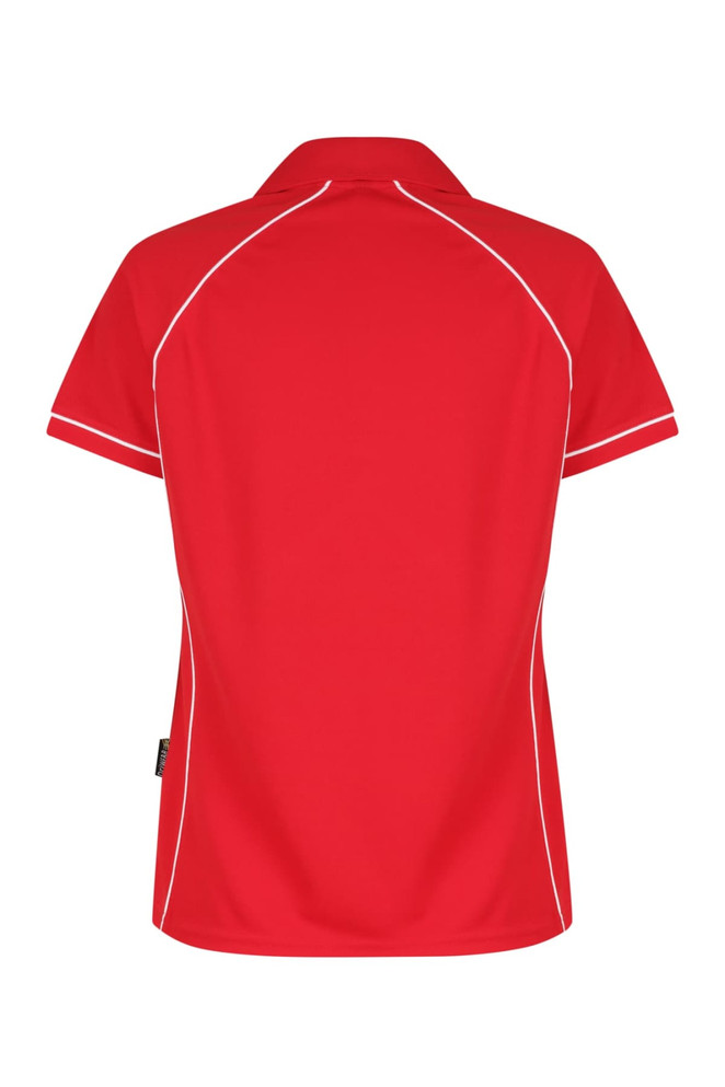 A red polo shirt with white piping, featuring a logo. The design includes a traditional collar and short sleeves.