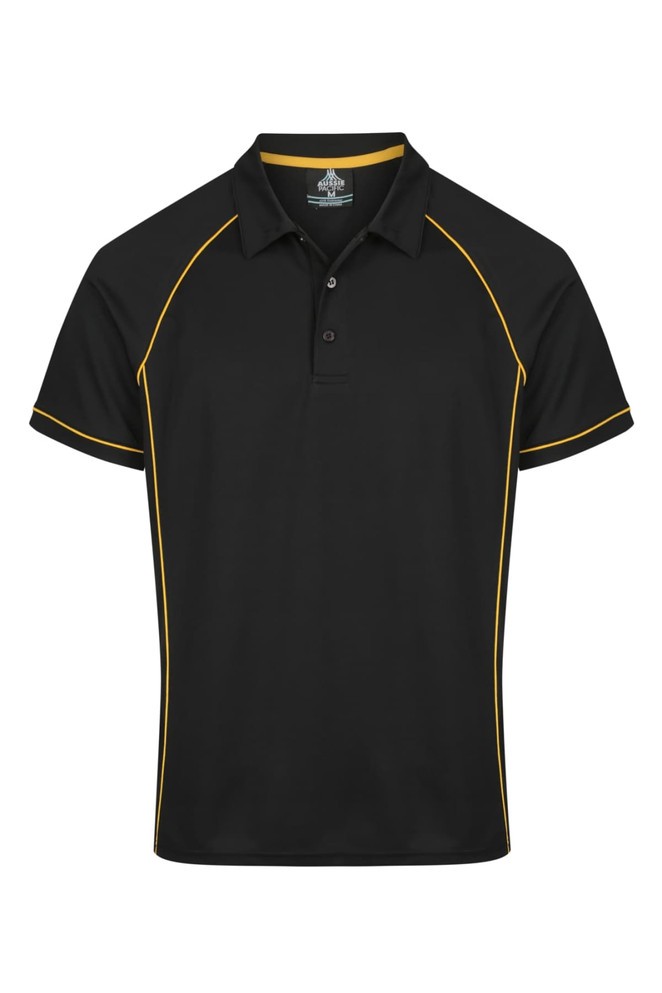 A black polo shirt with yellow accents and a logo on the chest. Short-sleeved design, featuring a classic collar.