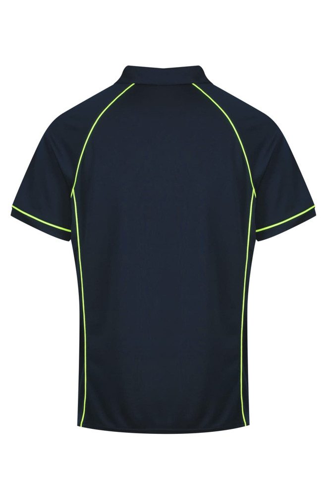 A navy polo shirt featuring bright yellow trim and a logo. The collar and sleeves are also styled with contrasting details.