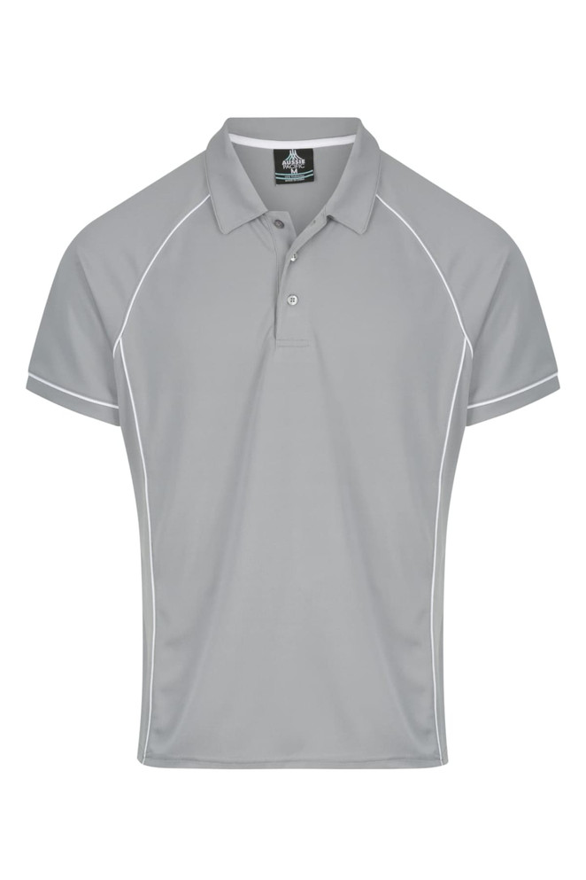 A grey polo shirt with white piping and a collar, featuring a logo on the chest area.